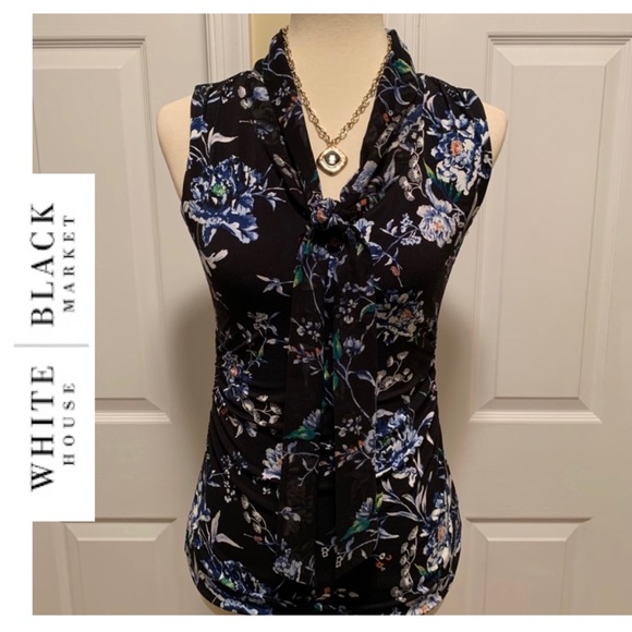 White House Black Market Tops - White House Black Market Black Floral Sleeveless Blouse Tie Front NWOT